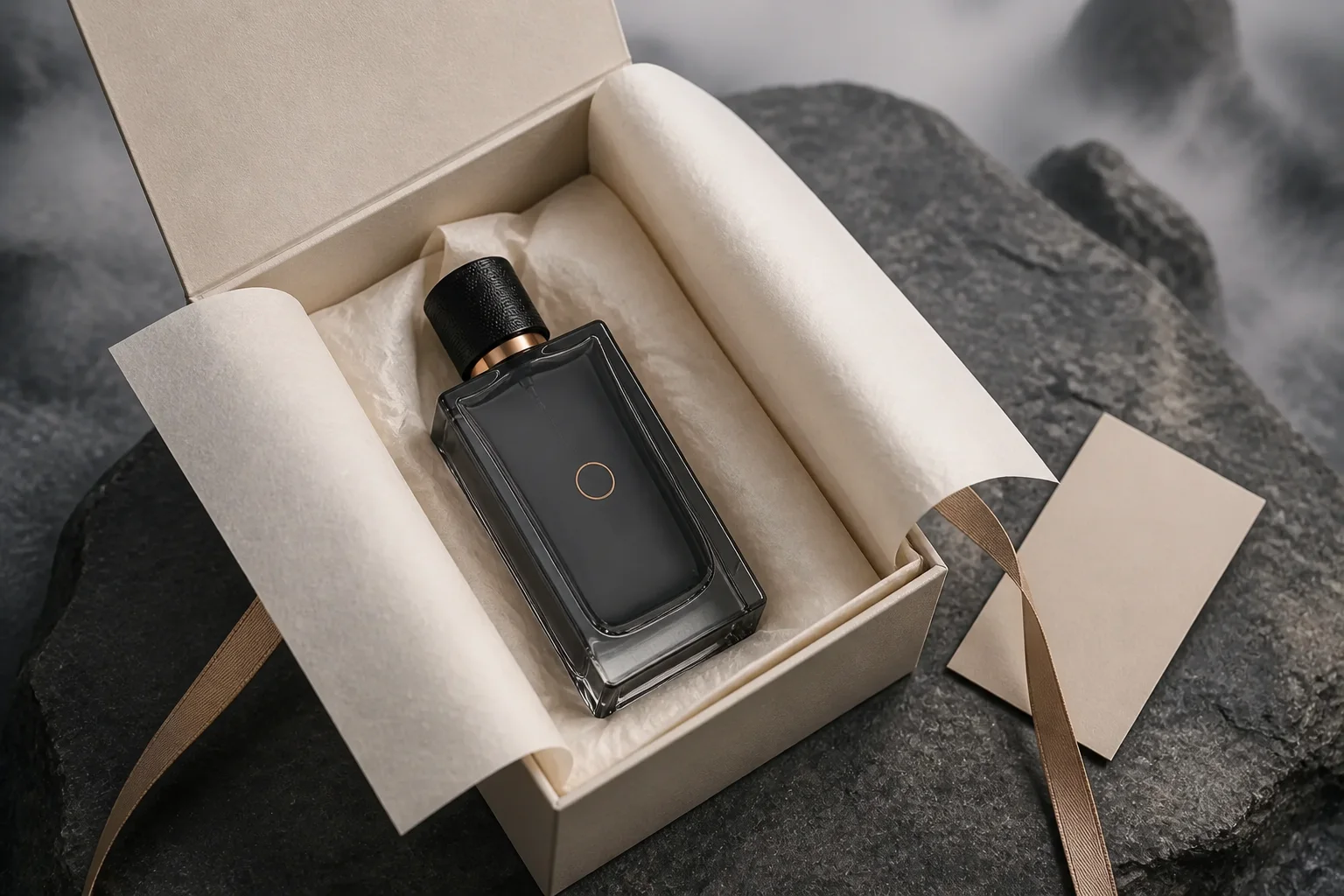 Perfume bottle nested inside an ivory presentation box with bronze ribbon