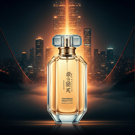 High-end luxury perfume bottle for '重庆 - 山城', asymmetric glass bottle reflecting city lights, background of a foggy vertical city with bridges and lit-up buildings